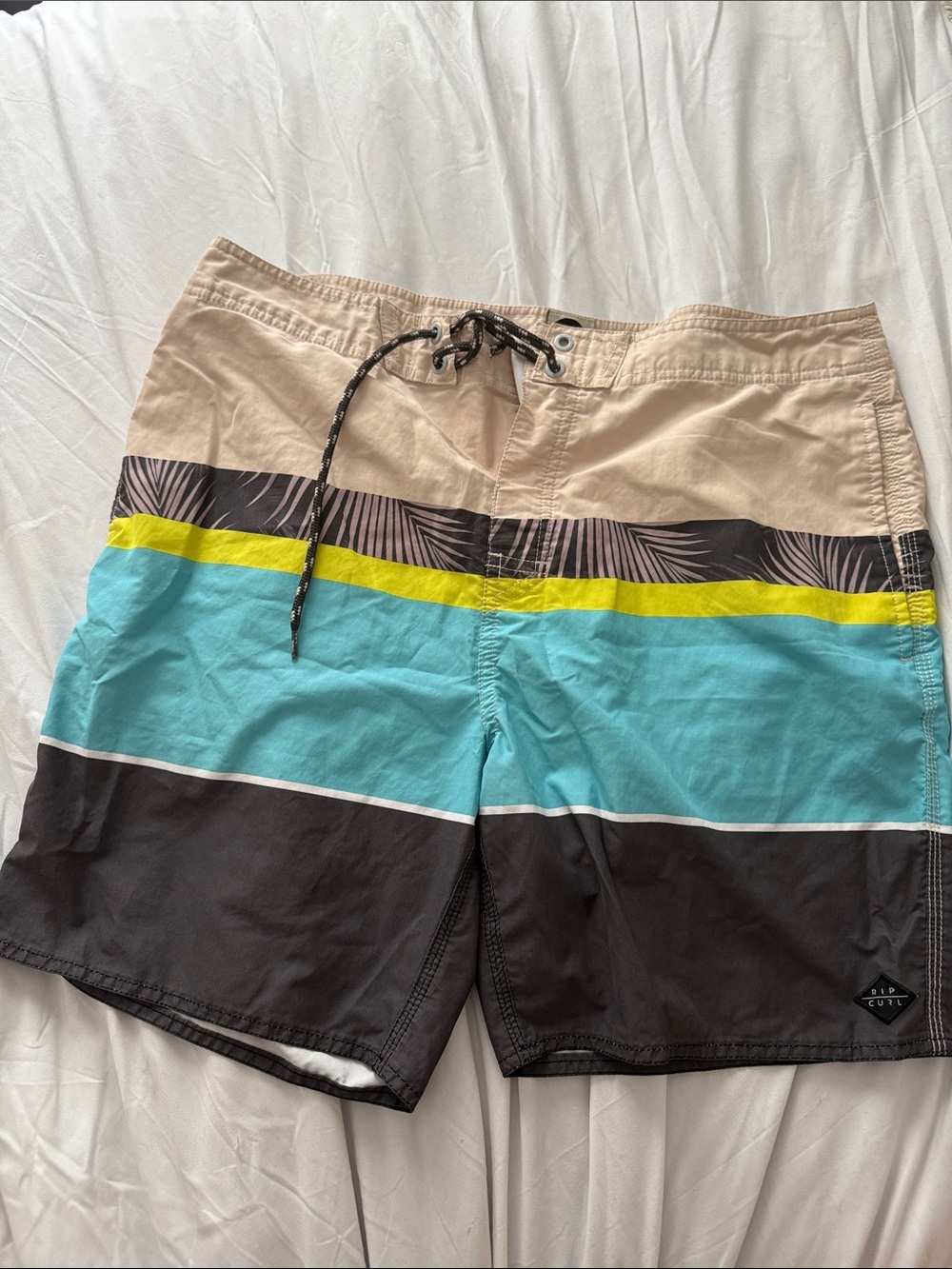 Rip Curl Beige Turquoise Black Swim Board Shorts with Yellow Accent